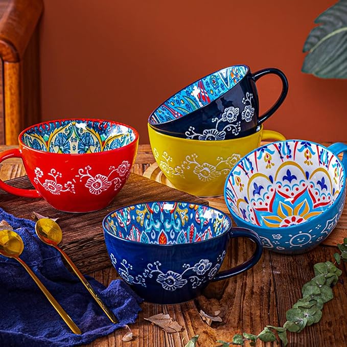Yellow Ceramic Mug, Bohemian Hand-Painted, 15 Oz Large Coffee Cup for Milk, Tea, Breakfast, Dishwasher & Microwave Safe Cup - Image 2
