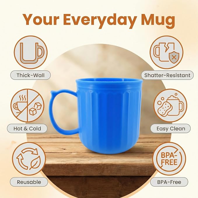Plastic Coffee Cups with Handles set of 6, 16 oz Iced-Tea Mug Retro | BPA Free Reusable Food Grade PP, Unbreakable Dishwasher Safe, Lightweight, Elderly Kid Safe, Kitchen Party Camping Outdoor - Image 2