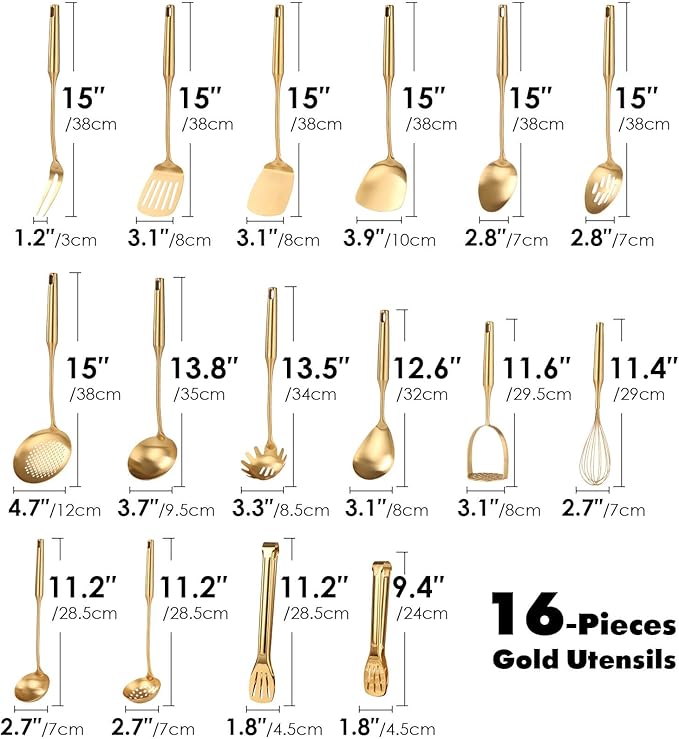Gold Cooking Utensils Set - 16 PCS All Metal Small and Large Spoons Set | 18/10 Stainless Steel Kitchen Tools, 15″ Serving Utensil - Whisk, Masher, Fork, Tongs, Spatula, Turner, Ladle, Skimmer, Pasta - Image 2