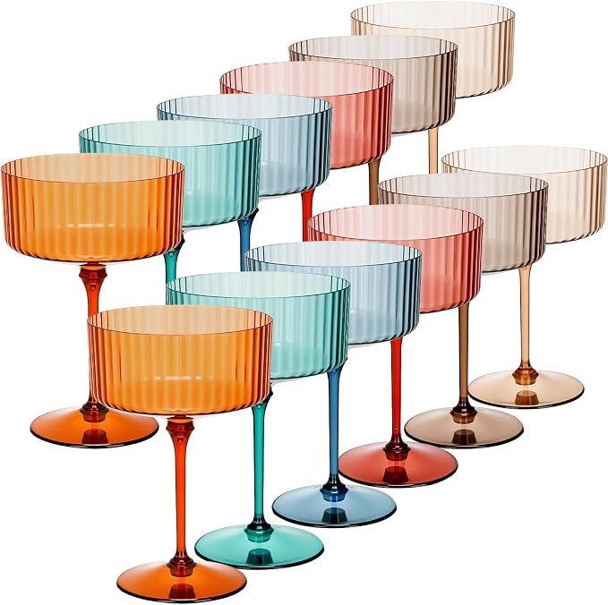 Jingmore 12 Pcs Ribbed Martini Glasses 10 oz Disposable Plastic Vintage Ribbed Coupe Glasses Unbreakable Dessert Parfait Glassware for Wedding Birthday Party Supplies (Classic Color) by Jingmore