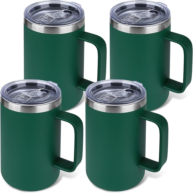 22oz Insulated Coffee Mug with Handle & Leak-Proof Lid - Double Wall Stainless Steel Travel Tumbler Bulk for Commute/Office/Home, Dark Green, 4 Pack by Unknown