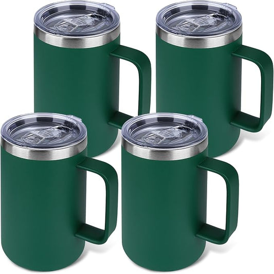 22oz Insulated Coffee Mug with Handle & Leak-Proof Lid - Double Wall Stainless Steel Travel Tumbler Bulk for Commute/Office/Home, Dark Green, 4 Pack by Unknown