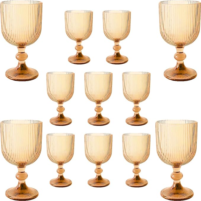 12 Pcs Vintage Wine Glasses, 11 Ounces Colored Glass Water Goblets, Colorful Unique Embossed Pattern High Clear Stemmed Glassware Wedding Party Bar Glass Drinking Cups Vertical Line Amber Set of 12 by XKXKKE