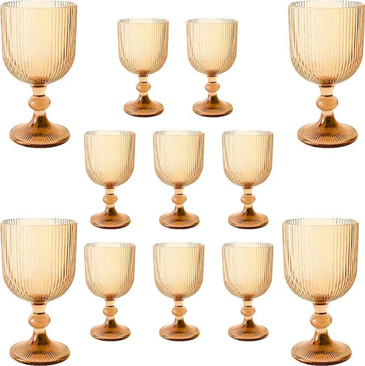 12 Pcs Vintage Wine Glasses, 11 Ounces Colored Glass Water Goblets, Colorful Unique Embossed Pattern High Clear Stemmed Glassware Wedding Party Bar Glass Drinking Cups Vertical Line Amber Set of 12 by XKXKKE