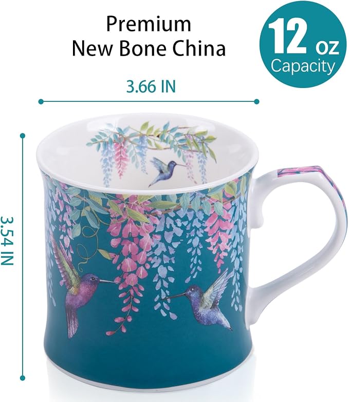Spring Hummingbird Floral Coffee Mug, 12oz Dark Teal Ceramic Mug with Wisteria and Fluttering Hummingbird, Elegant Gift Mug for Mom, Women & Bird Lovers, Designed in England by Harvest Green Studio - Image 3