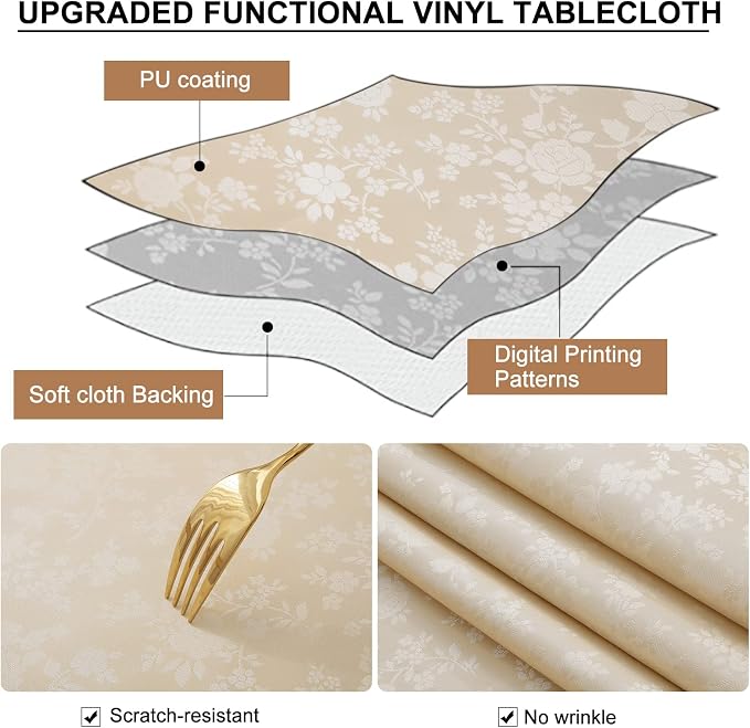 Smiry Rectangle Waterproof Heavy Duty Vinyl Tablecloths, 54 x 78 Inch | Wipeable Washable Floral Embossed Table Cover for Kitchen and Dining Room, Indoor & Outdoor Use, Beige - Image 7