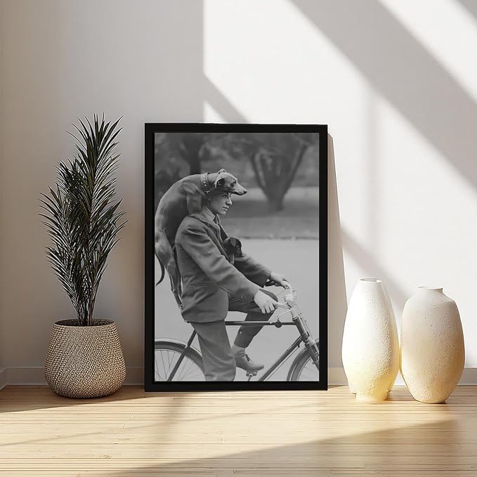 UXCBIA Man on Bike With Two Dogs Portrait, Vintage Dachshund, Black And White, Old Photography Poster Canvas Poster Bedroom Decor Sports Landscape Office Room Decor Gift Black Frame 08x12in(20x30cm) - Image 6