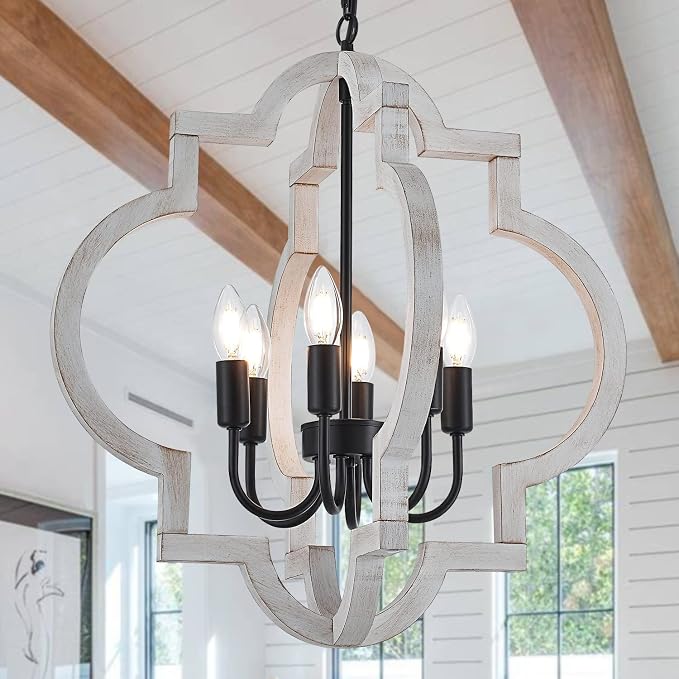 6-Light 21" Farmhouse Orb Chandelier Rustic Handmade Distressed White Wood Hanging Ceiling Pendant Light Fixture Wood Lantern Chandeliers for Dining Room Kitchen Bedroom Foyer Hallway by Lighceac-ProfessionalLightingFixturesManufacturer
