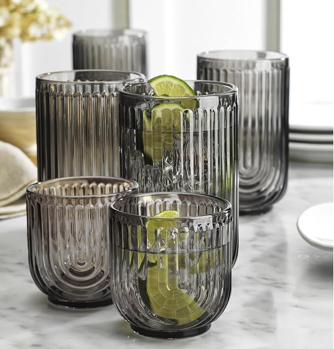 16 Piece Smoke Glassware Set, Beautiful Art Deco Black Drinking Glasses, Ribbed U-Shape Design, 8 Highball 17oz and 8 Whiskey 11oz DOF Handwash Only - Image 2