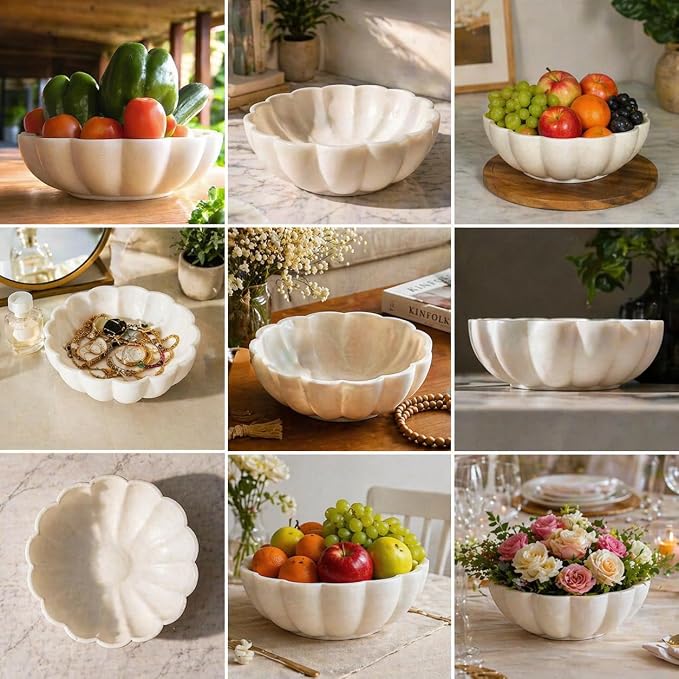 10" Large Ruffle Scalloped Bowl for Home marble decor, Handcrafted White Marble Decorative Bowl – Entryway, Kitchen Counter & Living Room kitchen counter decor - Image 2