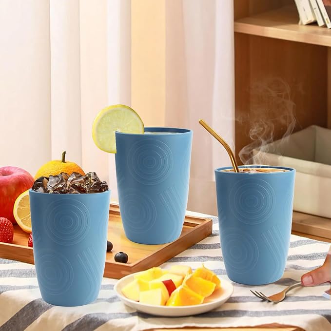 16oz Plastic Drinking Glasses, Wheat Straw Cups Set of 6 - Unbreakable & Stackable Kitchen Cups, Reusable Plastic Cups, Dishwasher Safe Water Tumbler for Party, Camping - Blue - Image 8