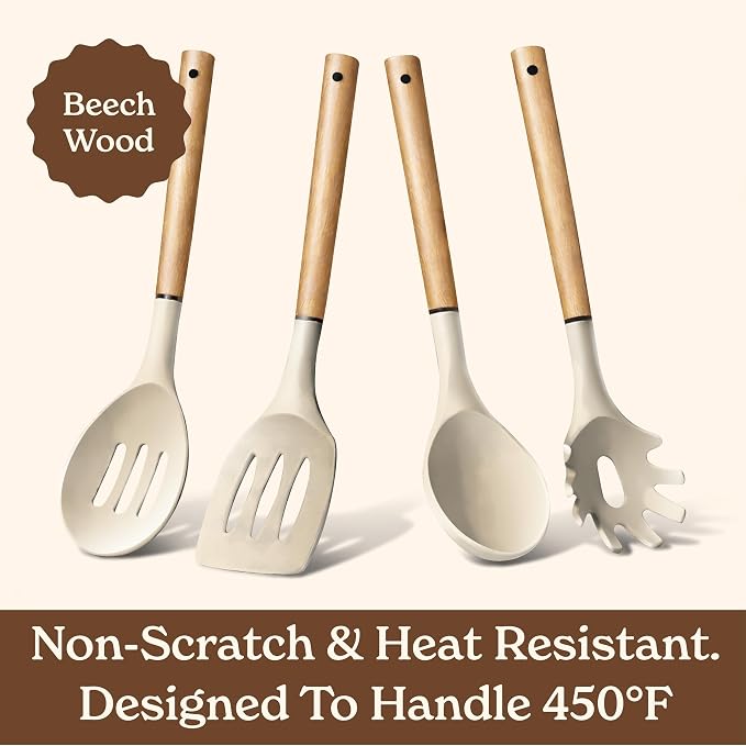 Country Kitchen Non Stick Silicone Utensil Set with Rounded Wood Handles for Cooking and Baking, 8 Piece Set, Khaki - Image 5