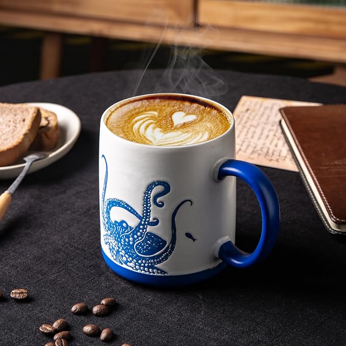 AmorArc Large Coffee Mugs Set of 6, 18oz Ceramic Coffee Cups with Sea Life Textured Patterns for Tea Latte Cocoa. Easy to Hold&Clean, Dishwasher&Microwave Safe, Matt White - Image 3