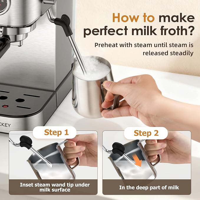 Spacekey Espresso Machine with Milk Frother, 20 Bar Compact Expresso Coffee Machines for Home, Stainless Steel Espresso Maker with 39oz Removable Water Tank for Cappuccino Latte, Fast Heating, Silver - Image 7