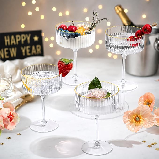 24 Pcs Ribbed Martini Glasses Plastic 10oz Champagne Martini Glasses Espresso Martini Glass Gold Rim Vintage Coupe Glass Margarita Glasses Disposable Clear Glassware Dessert Cup for Christmas New Year - Image 5