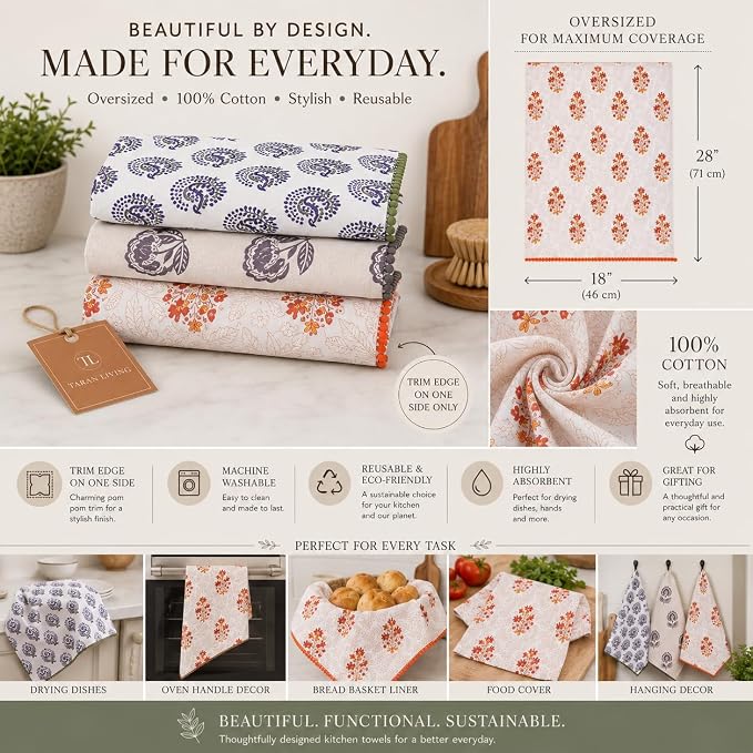 Printed Kitchen Dish Bar and Tea Towels Cotton, 18x28 inch with Trims, Cotton Dish Towel Sets (Multicolor Motif, Set of 3) - Image 4