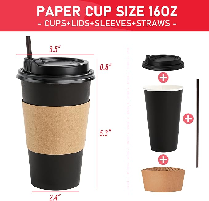 Coffee Cups with Lids 16 oz 100 Pack, Sleeves and Stirring Sticks, Black Disposable Hot Paper Cups with Lids, To Go Cups, for Parties, Picnic, Travel, and Events - Image 4