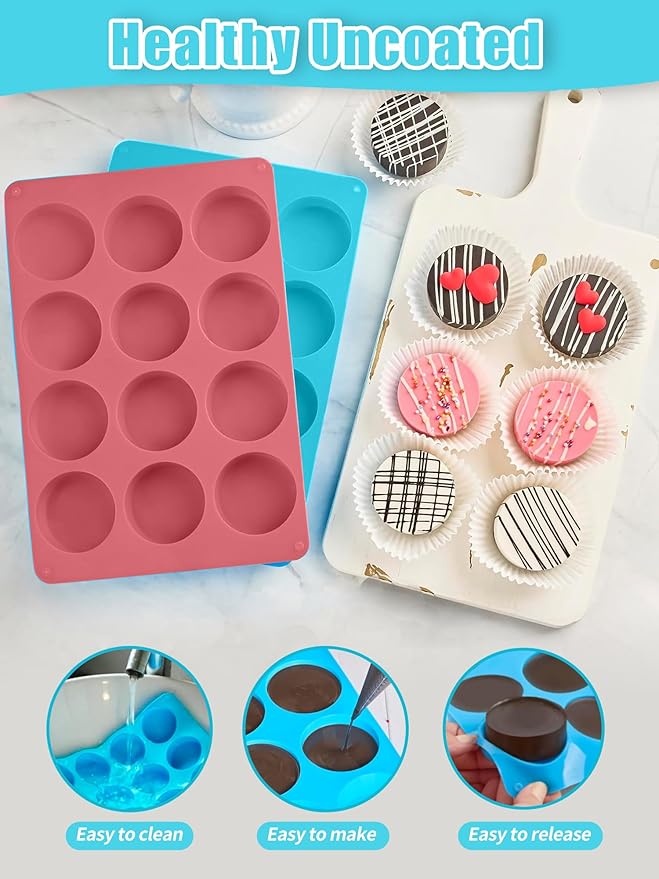 2 PCS Round Chocolate Cookie Molds, 12-Cavity Cylinder Silicone Mold, Perfect for Chocolate Covered Oreos, Cake, Candy, Pudding, Mini Cakes Jelly Baking -Blue&Pink