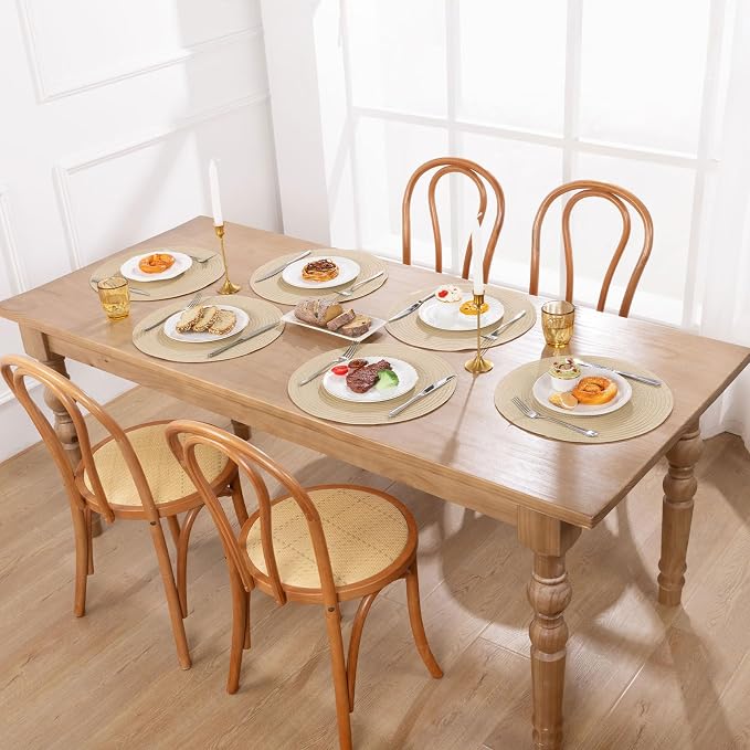 SHACOS 15 inch Round Braided Placemats Set of 6 Cotton Polyester Heat Resistant Table Mats Washable Place Mats for Dinner Party Table Decoration (Light Beige, 6) - Image 9