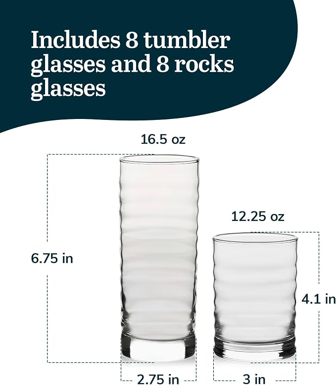 Libbey Pueblo Tumblers and Rocks Glass Cups Set, Wavy and Groovy Drinking Glasses Set of 16, Dishwasher Safe Modern Glassware for Everyday Use - Image 3