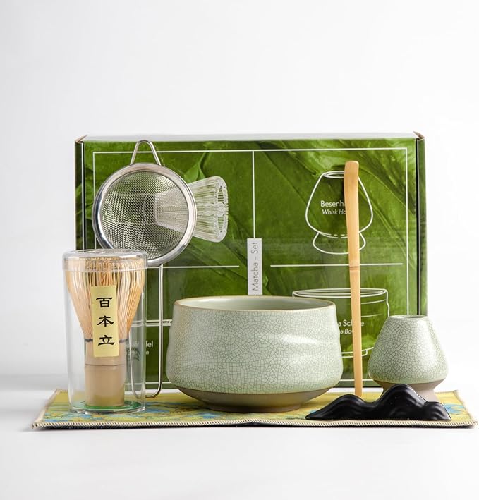 Japanese Matcha Ceremony Accessory, Matcha Whisk, Traditional Scoop (Chashaku), Tea Spoon, Whisk Holder, 1 tea bowl, 1 tea siev, The Perfect Set to Prepare a Traditional Cup of Matcha.