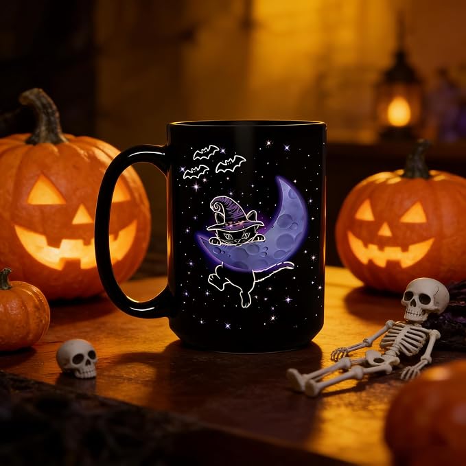 Halloween Witchy Cat Coffee Mug, 15oz Large Tea Cup, Black | Ceramic, With Handle, Celestial Moon Star Design, Gothic Home Decor, Novelty Spooky Gifts for Cat Lovers, Women, Men - Image 6