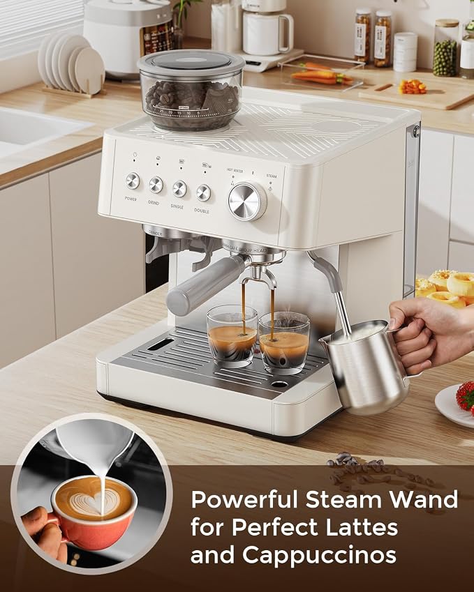 (2026 Upgrade) Espresso Machine with Grinder, 15 Bar Expresso Coffee Machines, Professional Coffee Maker for Latte&Cappuccino with Milk Frother, Expresso Machines for Home Descaling Kit Included White - Image 4