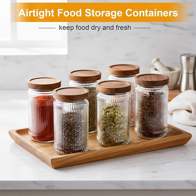 6 Pcs 1000ml/34 oz Vintage Glass Storage Jar Glass Containers with Wood Lid Ribbed Pattern Airtight Kitchen Spice Containers for Pantry, Coffee Bean, Grains, Tea, Sugar, Flour, Candy, Oats - Image 4