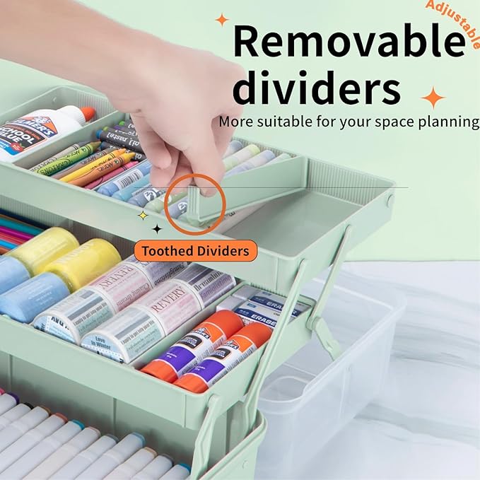 14in 3-Layer Multipurpose Craft Organizers and Storage with Adjustable Dividers, Portable Tackle Box, Folding Art & Craft Case for Medicine, Tool, Sewing Organizer (Haze Green, X-Large)