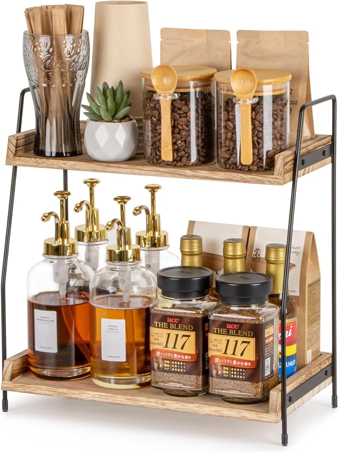 ANBOXIT Countertop Coffee Station Organizer, 2 Tier Wooden Shelf | for Coffee Bar Accessories, Condiment Storage Caddy for Kitchen, Home, Office - Brown by ANBOXIT