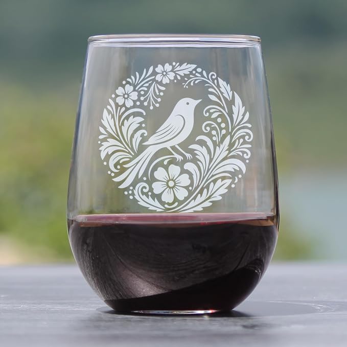 Bird & Floral Engraved Stemless Wine Glass 17oz, Etched Lover, Cottagecore Glassware, Home - Image 2