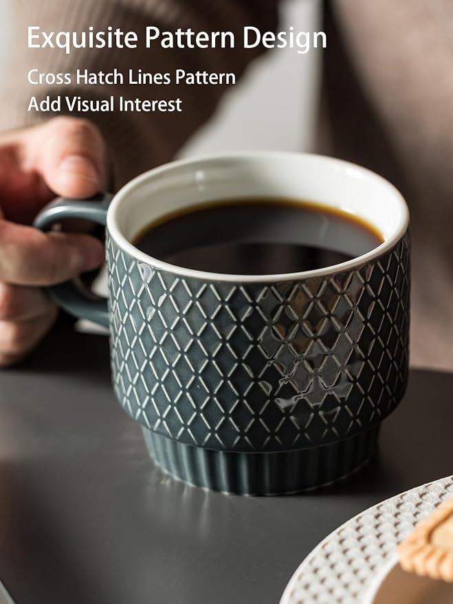 Gomakren Coffee Mugs Set of 4, 13oz Stackable Coffee Cup with Stand, Grey | Stackable Space-Saving, with 4 Spoons | Textured Grey Grid Stoneware Dishwasher Safe, for Coffee Milk Tea Cocoa & Gifting Use - Image 5