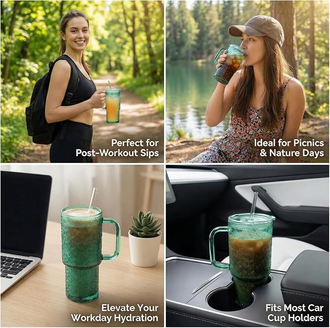 20 oz Green Glass Tumbler with Lid and Straw, Glass Iced Coffee Cups, Spill-proof Glasses Tumbler with Handle, Hobnail Glasses Drinking Set of 4, Vintage Glassware for Cocktail, Smoothies - Image 5