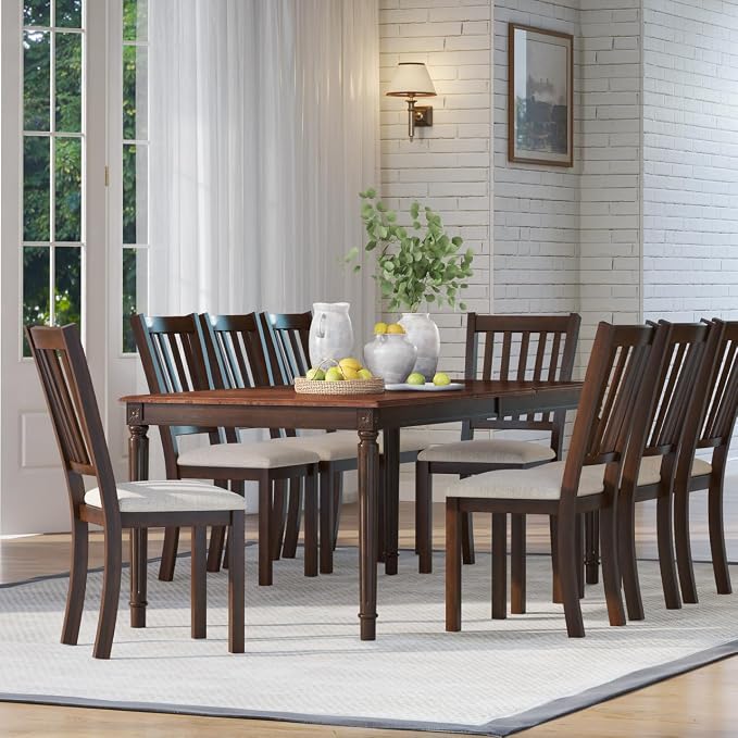 AMERLIFE Set of 8 Farmhouse Upholstered Dining Chairs with Wood Legs, Brown | Curved Back Design, Padded Dining Chairs, Solid Wood Legs, Dining Room Seating, Dark Brown Finish - Image 3