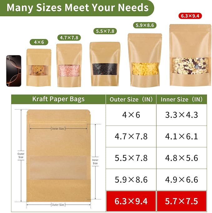 Kraft Paper Bags with Transparent Window, Stand Up Pouches Smell Proof Bags | 100 Pcs 6x9 Inch Resealable Bags for Small Business, Zipper. Food Storage, for Packaging Snacks Cookies Candy - Image 3