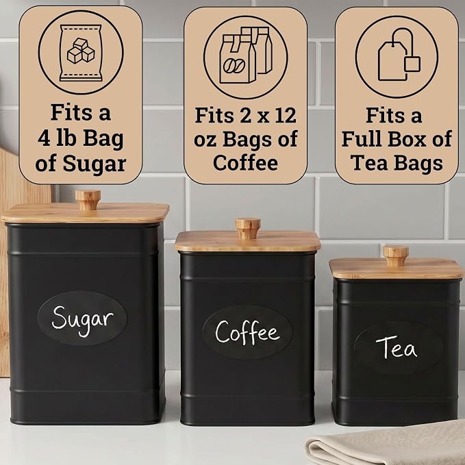 Kitchen Canisters for Countertop Set of 3 w/ Chalkboard Labels & Marker Pen | Airtight Easy Open Bamboo Lids, Dent-Resistant Thick Metal, Customizable Chalkboard Labels, Marker Pen Included, Set of 3 - Image 3