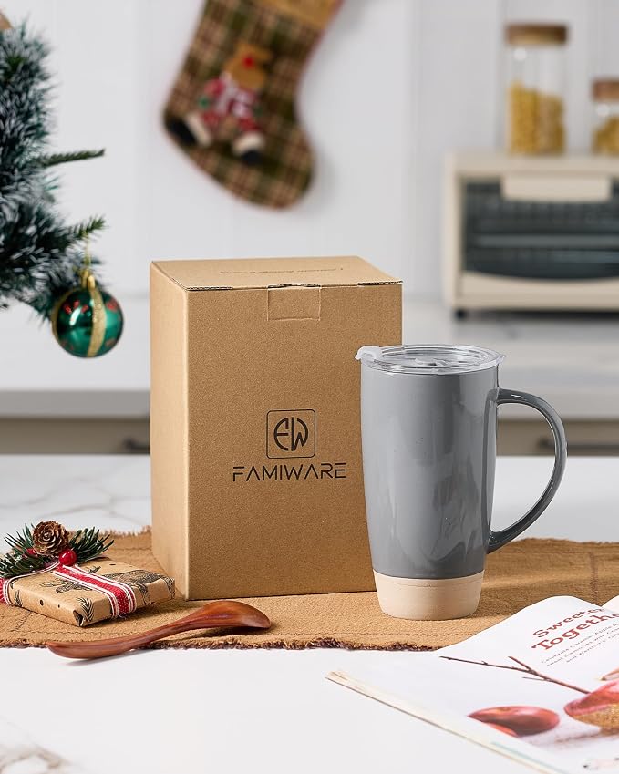 famiware Milkyway Coffee Mugs, 20oz Large Coffee Mug, Ceramic Mug Set of 4 with Lid, Cup Set with Handle for Latte, Tea, Cocoa, Milk, Home & Office, Dark Gray - Image 7