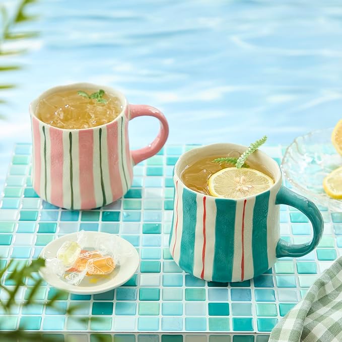 Striped Ceramic Coffee Mugs Set of 2, Pink and Green Stackable Stoneware Mugs for Morning Coffee, Tea & Cocoa, 12oz Dishwasher & Microwave Safe Mug Gift Set for Home & Office - Image 5