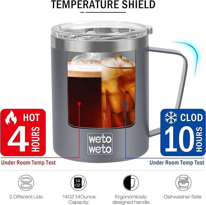 WETOWETO 14 oz Coffee Mug, Vacuum Insulated Camping Mug with Lid, Double Wall Stainless Steel Travel Tumbler Cup, Coffee Mugs Outdoor, Powder Coated Cool Grey - Image 4