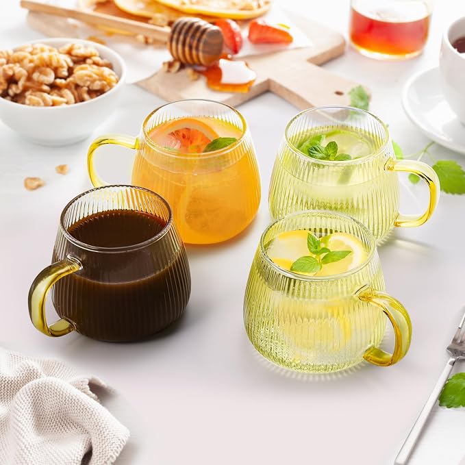 AVLA 6 Pack Glass Coffee Mugs, 16 OZ Unique Vertical Stripes Coffee Cup, Clear Large Tea Glasses with Handle, Vintage Transparent Glassware for Hot/Cold Beverages, Cappuccino, Latte, Espresso, Juice - Image 4