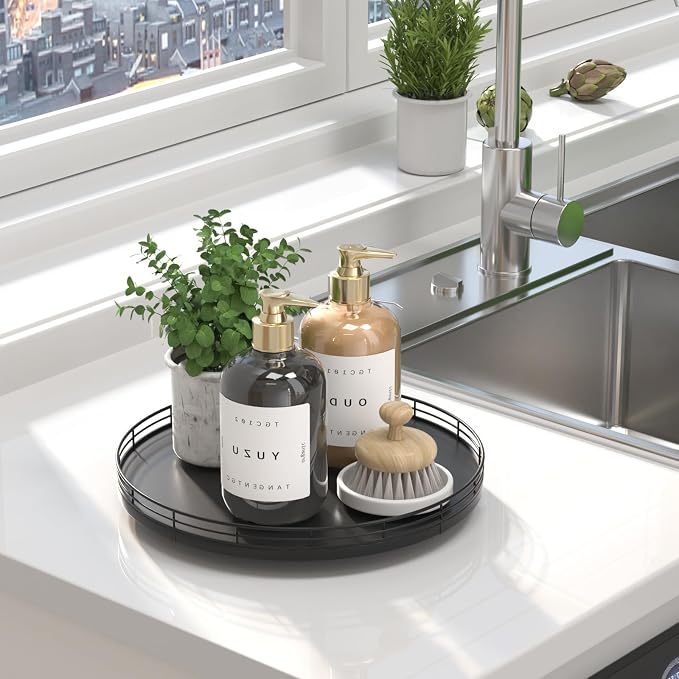 Oroyutor 12-Inch Oak Lazy Susan Vanity Tray, Black Finish | Rotating oak tray organizes spices, toiletries and decor on kitchen counters, bathroom vanities, dining and coffee tables. - Image 4