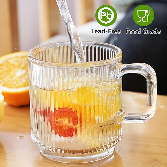 Qipecedm 6 PACK Premium Glass Coffee Mugs with Handle, 12 OZ Classic Vertical Stripes Glass Coffee Cups, Transparent Tea Cup for Hot/Cold Beverages, Glassware Set for Americano, Latte, Cappuccino - Image 5