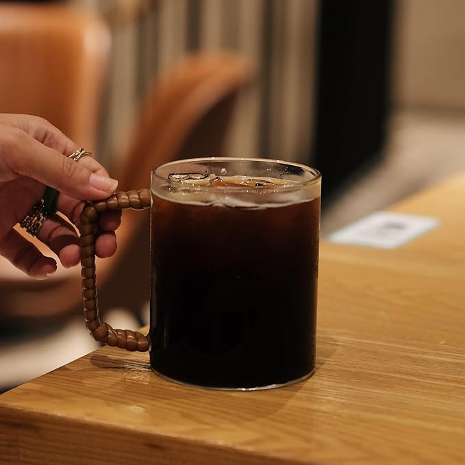 2-Piece Glass Coffee Mugs with Woven Handles, Withstand -20℃ to 150℃, 16oz Clear Large Glass Cups, Glass mug set for Latte, Cappuccino, Iced Coffee, Tea, Wine, Water, Beer