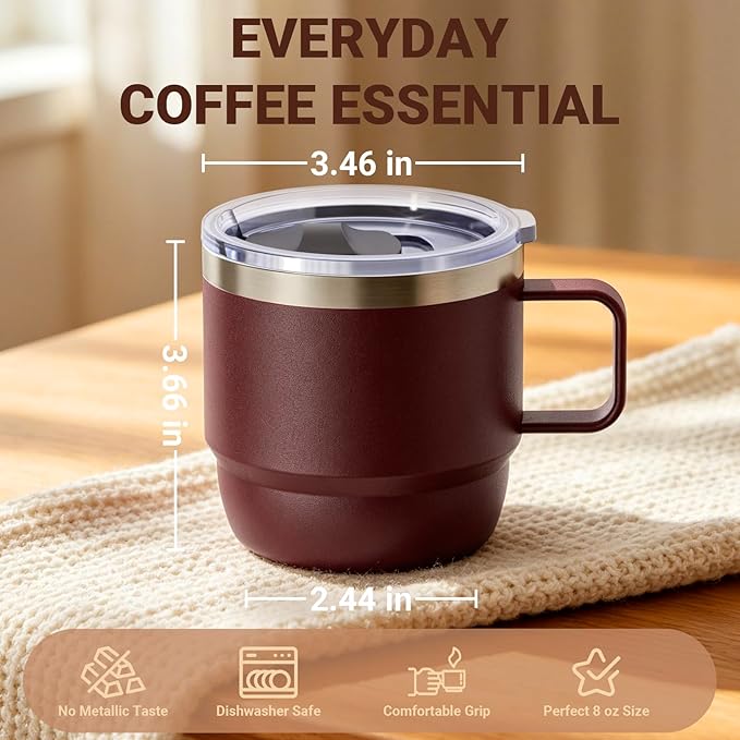 Zenbo 8 oz Stackable Coffee Mugs with Handle & Magnetic Sliding Lid, 2 Pack | Ceramic-Lined 18/8 Stainless Steel Espresso Cups, Double-Wall Vacuum Insulated Mini Tumblers, Dishwasher Safe, Black & White - Image 2