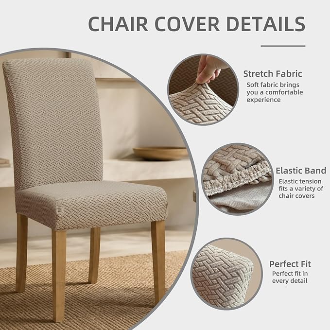 Dining Chair Covers Set of 4,Stretch Jacquard Fabric Chair Protectors,Camel | 3D Anti-Scratch Chair Covers Set of 4, Stretch Washable Dining Chair Covers for Kitchen, Hotel - Image 2