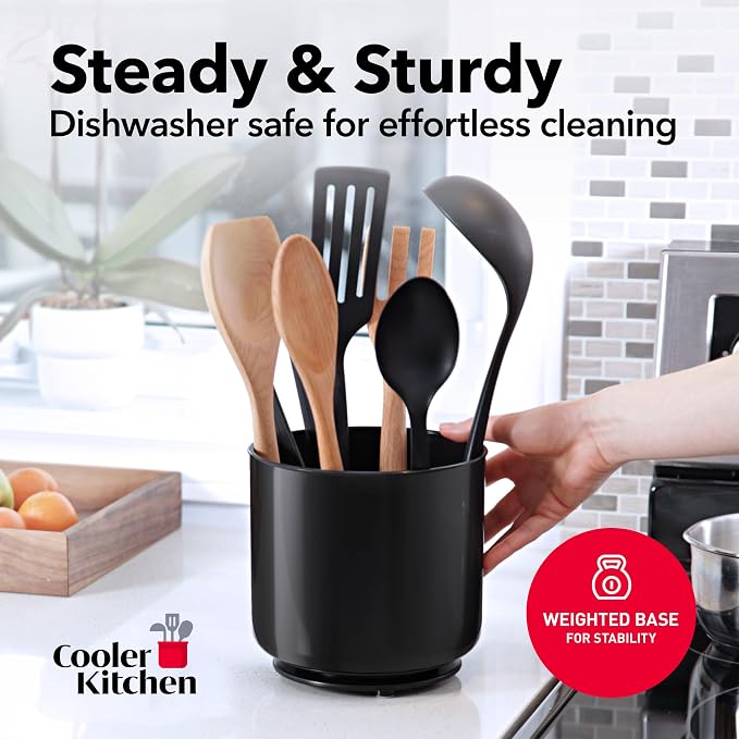 Cooler Kitchen Jumbo Extra Large Sturdy Rotating Black Utensil Holder Caddy with No-Tip Weighted Base, and Gripped Insert - Rust Proof and Dishwasher Safe Kitchen Utensils Holder - Image 4