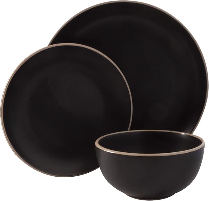 Gibson Home Rockaway 12-Piece Stoneware Dinnerware Set, Service for 4 – Modern Round Plates and Bowls, Dishwasher & Microwave Safe, Black - Image 2
