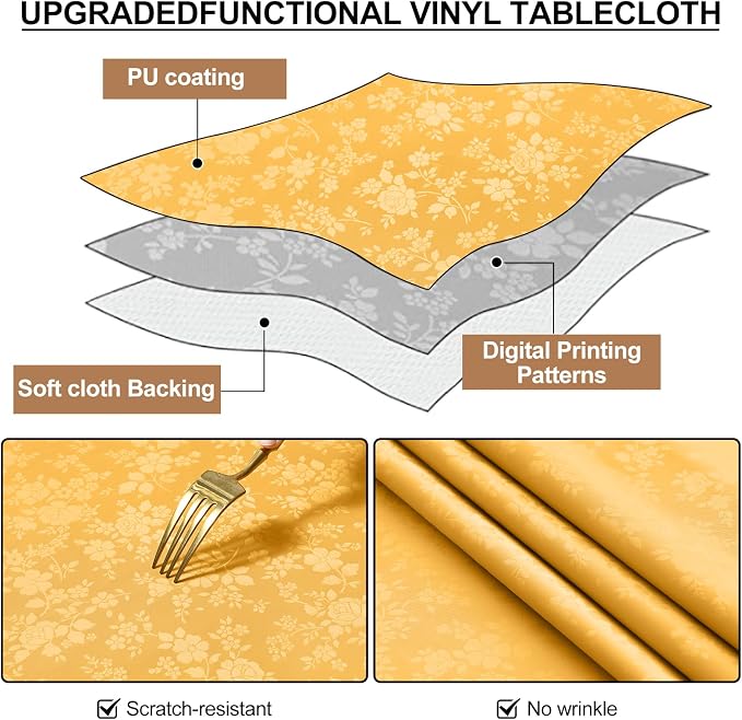 Smiry Round Waterproof Heavy Duty Vinyl Tablecloths, 70 x 70 Inch | Wipeable Washable Floral Embossed Table Cover for Kitchen and Dining Room, Indoor & Outdoor Use, Mustard Yellow - Image 6