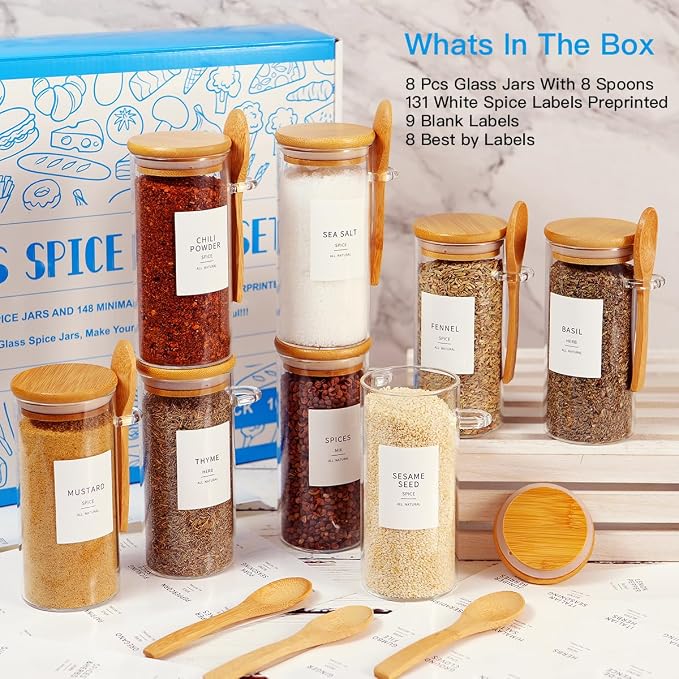 8 Pcs Glass Containers with Bamboo Lids and Spoons - 10 oz Sugar Container with 148 Kitchen Pantry Spice Jar Labels Preprinted - Glass Spice Jars with Wooden Lids Hold Coffee, Tea, Candy, Herbs - Image 2