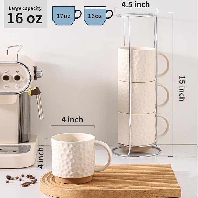 Nihow 16 OZ Ceramic Coffee Mug with Stackable Stand,Set of 4,White | Stackable, Stainless Stand Included, Cappuccino & Tea, Hot/Cold Drinks, Dishwasher & Microwave Safe - Image 2